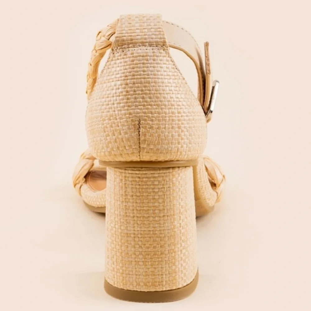 DV by Dolce Vita Hassa Heels‎ Natural Tan Braided Rattan Raffia Block Heel - Picture 4 of 14